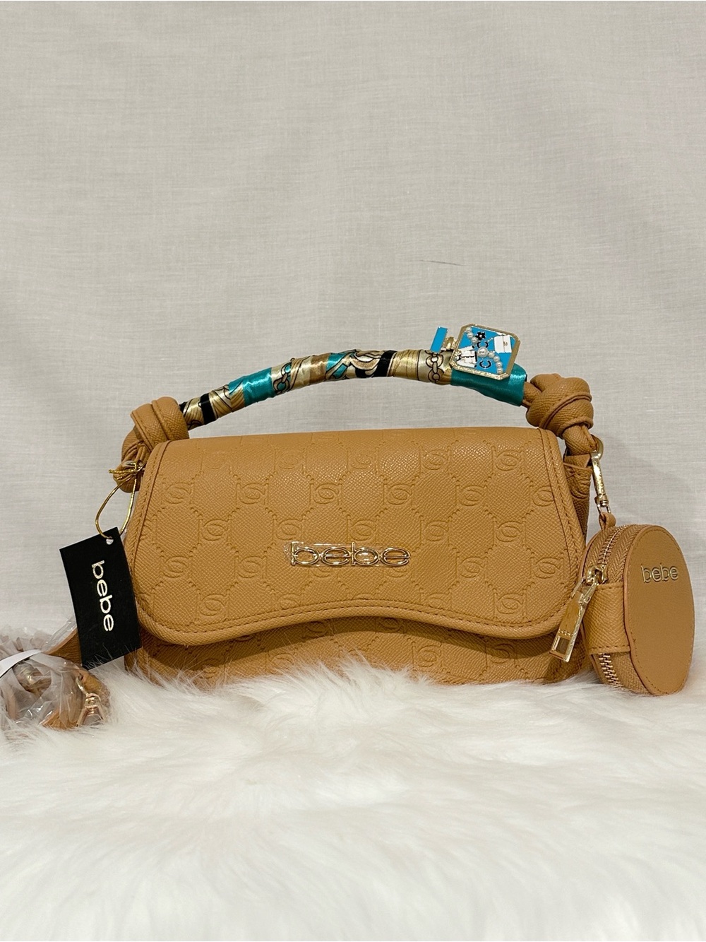 bebe Romina Embossed Crossbody with Coin Pouch in Camel Removable Scarf and Pin